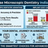 An informational infographic titled "Why Choose Microscopic Dentistry India vs. Abroad" is divided into sections comparing benefits and costs. On the left, it lists three advantages of microscopic dentistry with icons: 1. Higher Accuracy & Precision, 2. Better Long-Term Results (less risk of infection), 3. Minimally Invasive (preserving healthy tooth structure). The right section has an "Implant Cost Comparison" bar chart comparing "India (Ahmedabad)" to "UK/USA" for three treatments: Single Implant, Full Mouth Implants, and Veneers (Per Tooth). The chart shows much lower prices in India, such as ₹30,000-60,000 for a single implant compared to ₹2,00,000-4,00,000 in UK/USA. Below the chart, it reads "Same Global Implant Brands Used (Straumann, Nobel, Osstem)" with brand logos. The bottom left has a map of Gujarat, India, showing Ahmedabad, next to a panel detailing "Your Dental Journey in Ahmedabad" with 4 steps: 1. Online Consultation, 2. Personalized Plan, 3. Visit Ahmedabad, 4. Smile with Confidence, each with small illustrative icons. A banner along the entire bottom of the infographic states: "India: One of the smartest choices for advanced dental care".