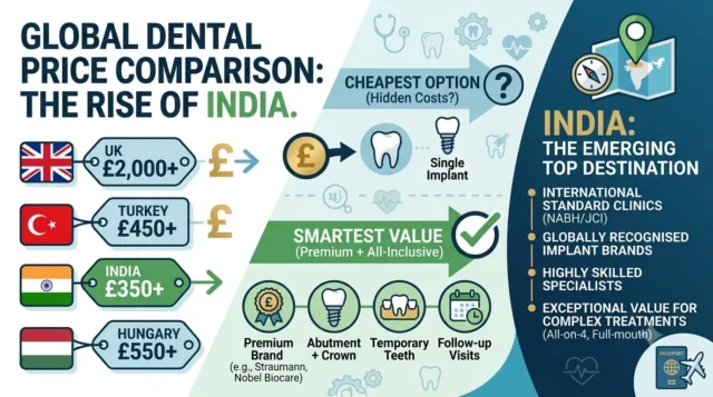 Infographic comparing global dental implant prices across the UK, Turkey, India, and Hungary, highlighting India as an emerging destination for smart, all-inclusive, premium value care for complex treatments.