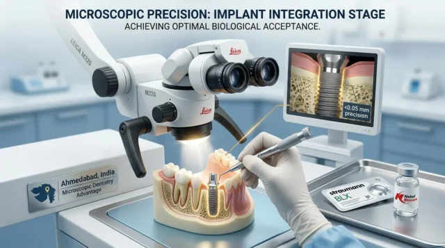 A high-tech rendering for a dental clinic in Ahmedabad, India, showcasing a Leica M320 microscope positioned over a jaw model. Main text at top reads 'MICROSCOPIC PRECISION: IMPLANT INTEGRATION STAGE.' A gloved hand works on a illuminated molar. A monitor shows magnified implant details with precision measurements. A metal tray holds implant components. A sign states 'Ahmedabad, India' with a map of Gujarat.