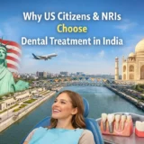 Infographic showing a smiling patient, dental implant models, the Statue of Liberty, the Sabarmati Riverfront in Ahmedabad, and text promoting Dental Treatment in India for US citizens and NRIs.