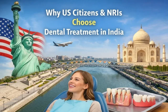 Infographic showing a smiling patient, dental implant models, the Statue of Liberty, the Sabarmati Riverfront in Ahmedabad, and text promoting Dental Treatment in India for US citizens and NRIs.